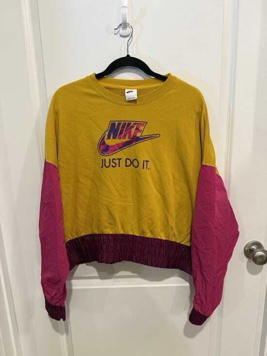 Nike Tops - Nike Just Do It Swoosh Retro Terry Fleece Sweatshirt Sz Large Nylon Sleeves Crop